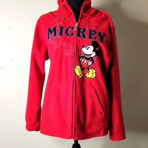 Disney, red Mickey Mouse patchwork full zip fleece jacket size large